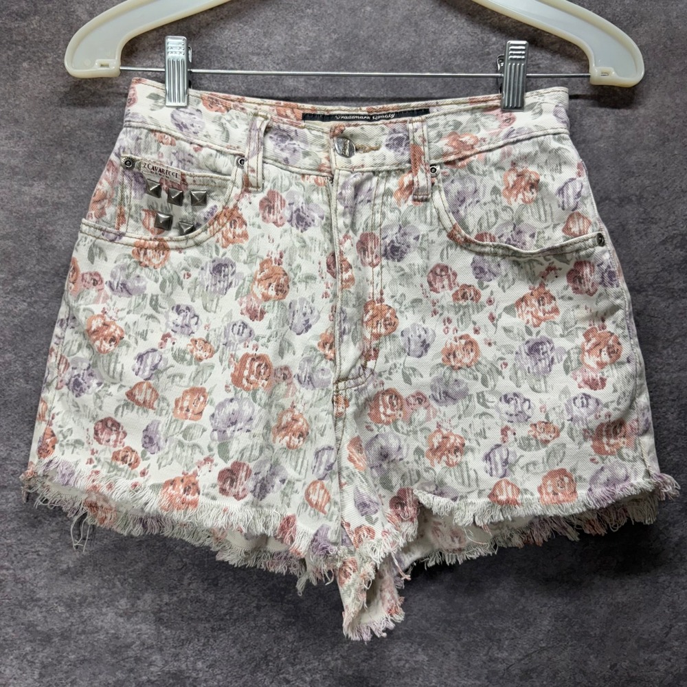 VTG Y2K Z Cavaricci Floral High Rise Denim Shorts Size 0 Studded Cream